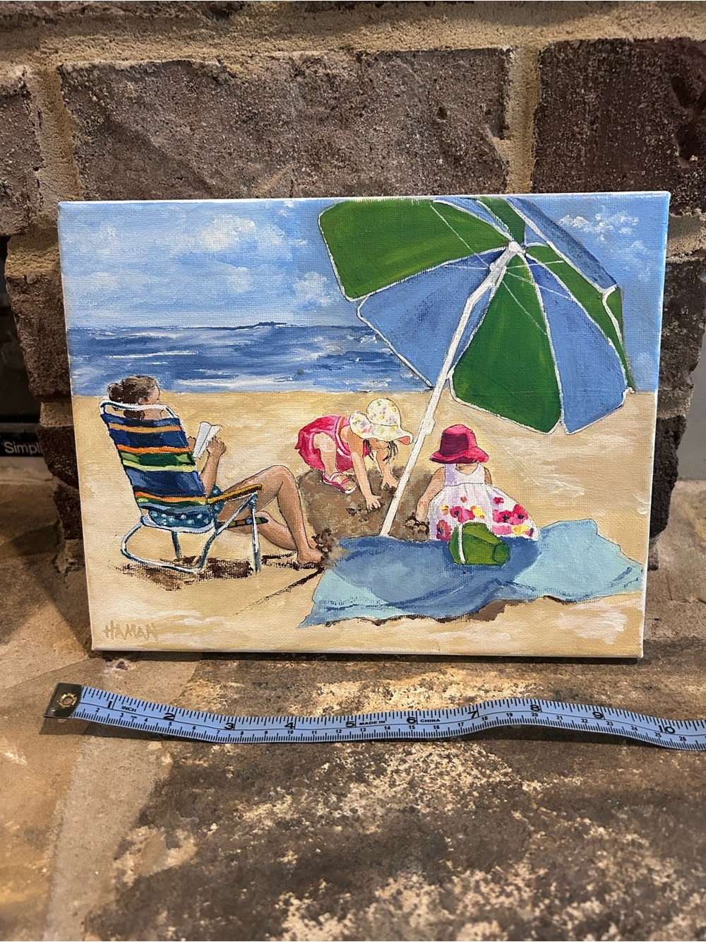 Family Beach Original Canvas Art  Umbrella 8x10 Tammy Haman
